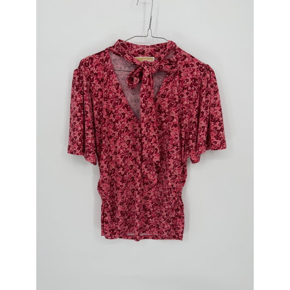 Michael Michael Kors Womens Blouse Tie Neck Floral Pink Large